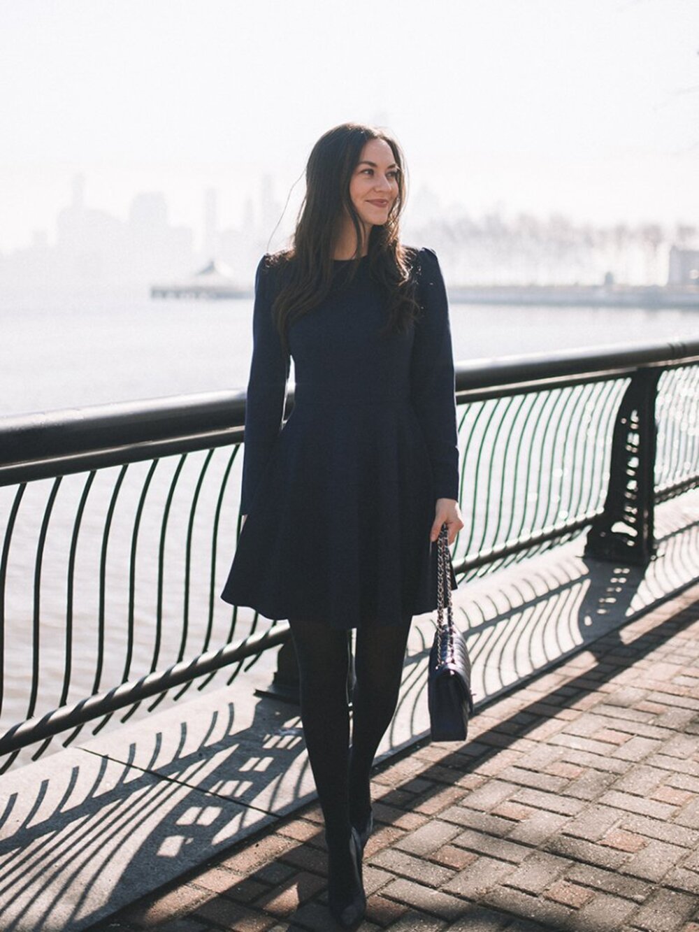 Gal Meets Glam Collection Celeste Long Sleeve Fit & Flare Dress Navy Sz 4